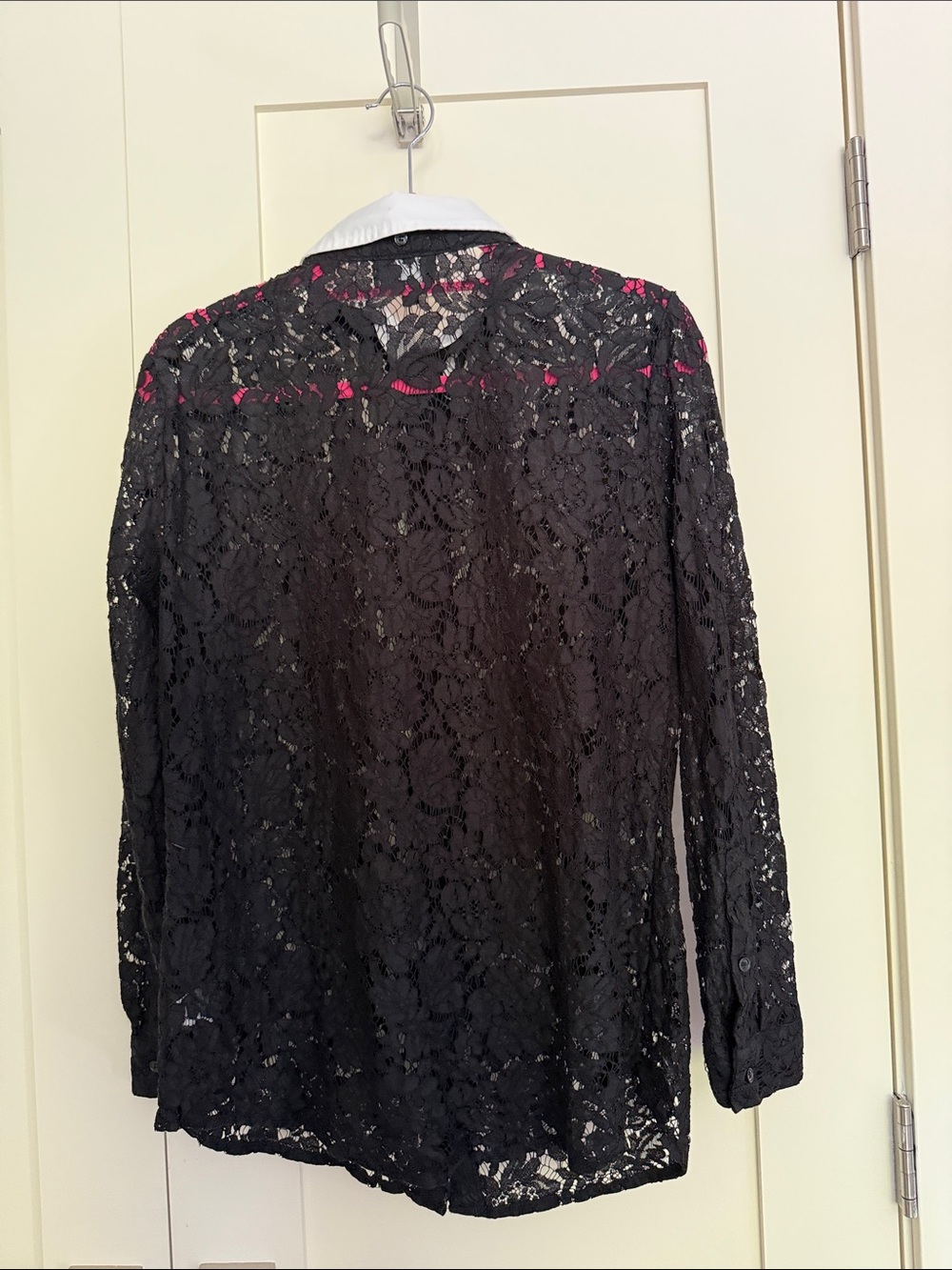 Lord and Taylor Black Floral Lace Button-Up Blouse with White Collar - Picture 7 of 7